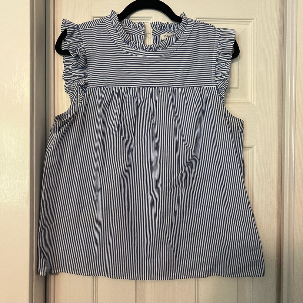 J. Crew blue pin stripe ruffle blouse
